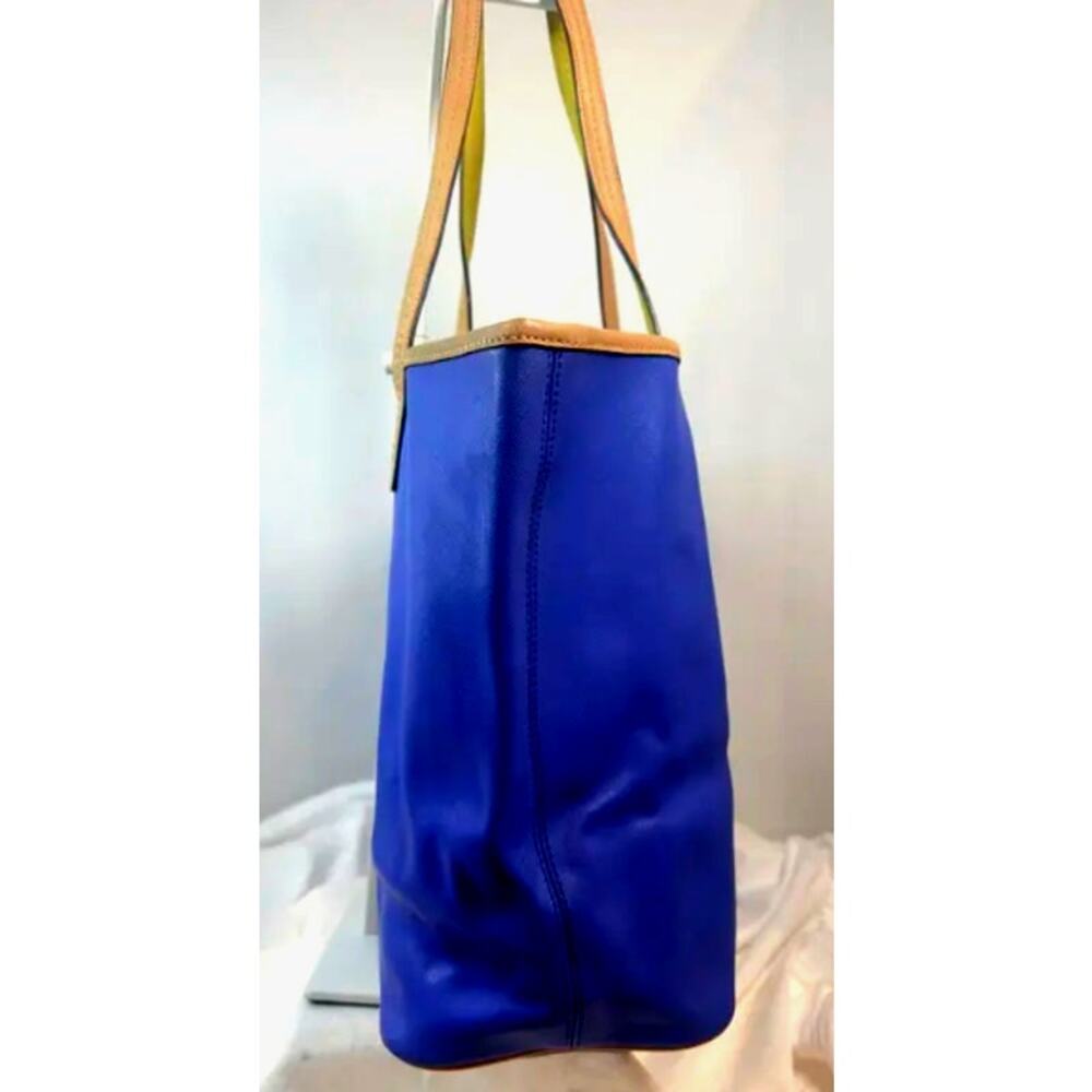 Coach Blue Leather Tote Bag Tan Trim Yellow Accent Shoulder Handbag - Picture 4 of 7